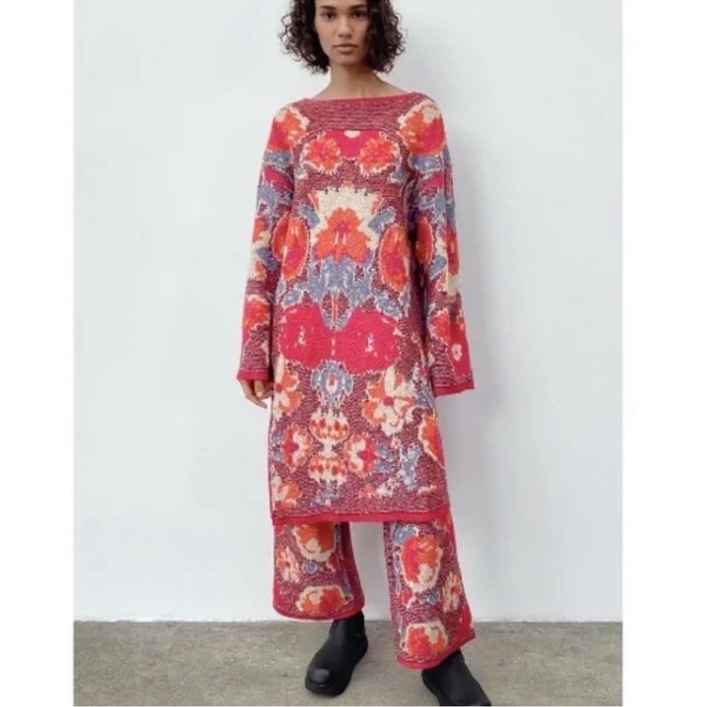 Zara Multi-Color Floral Knit Sweater Dress (Red, Pink, Orange, Purple)